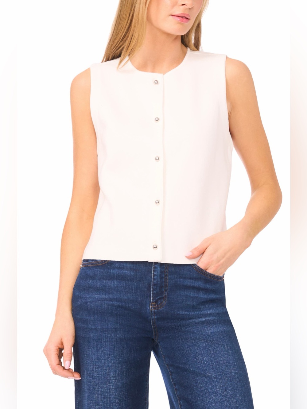 Halogen Button Front Knit Vest Size Small Ivory Sleeveless Top NWOT